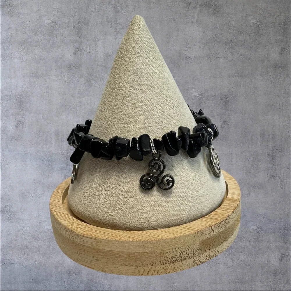 Celtic Knot Triskele Pentacle Charm Bracelet‎ Black Onyx Blue Goldstone